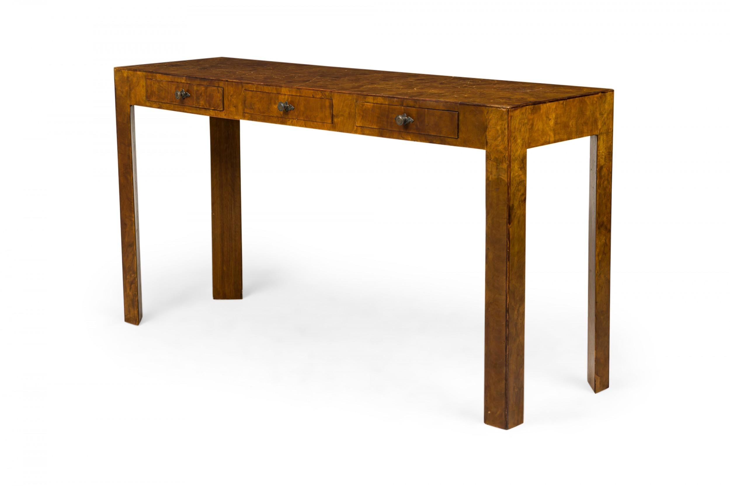 Mid-Century Modern Italian Mid-Century Rectangular 3-Drawer Oyster Burl Console Table For Sale