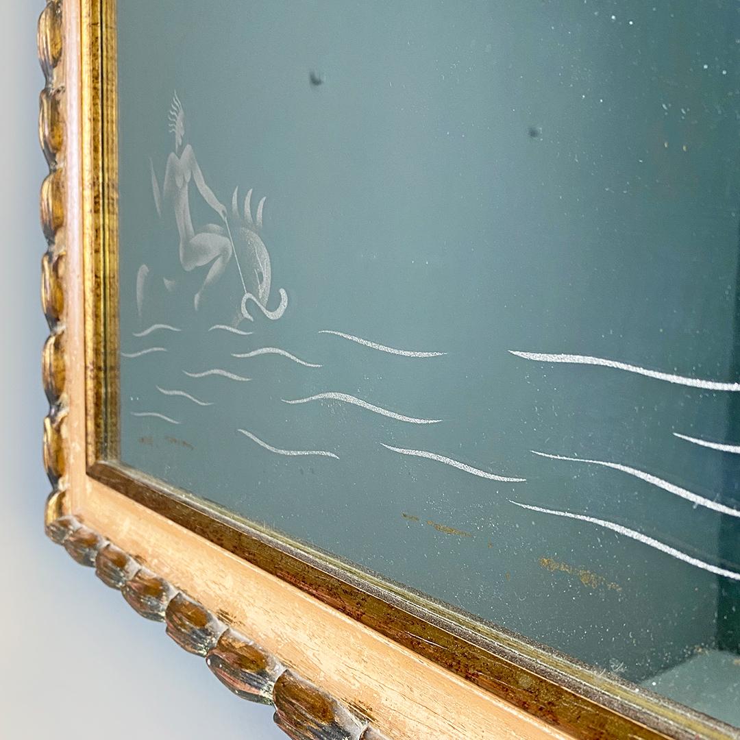 Mirror Italian mid century rectangular mirror with lines drawing, Gio Ponti style, 1940 For Sale