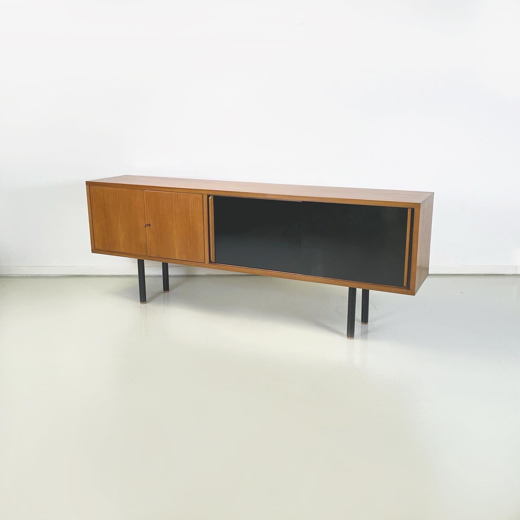 Italian Midcentury Rectangular Sideboard in Teak and Black Glossy Wood, 1960s In Good Condition In MIlano, IT