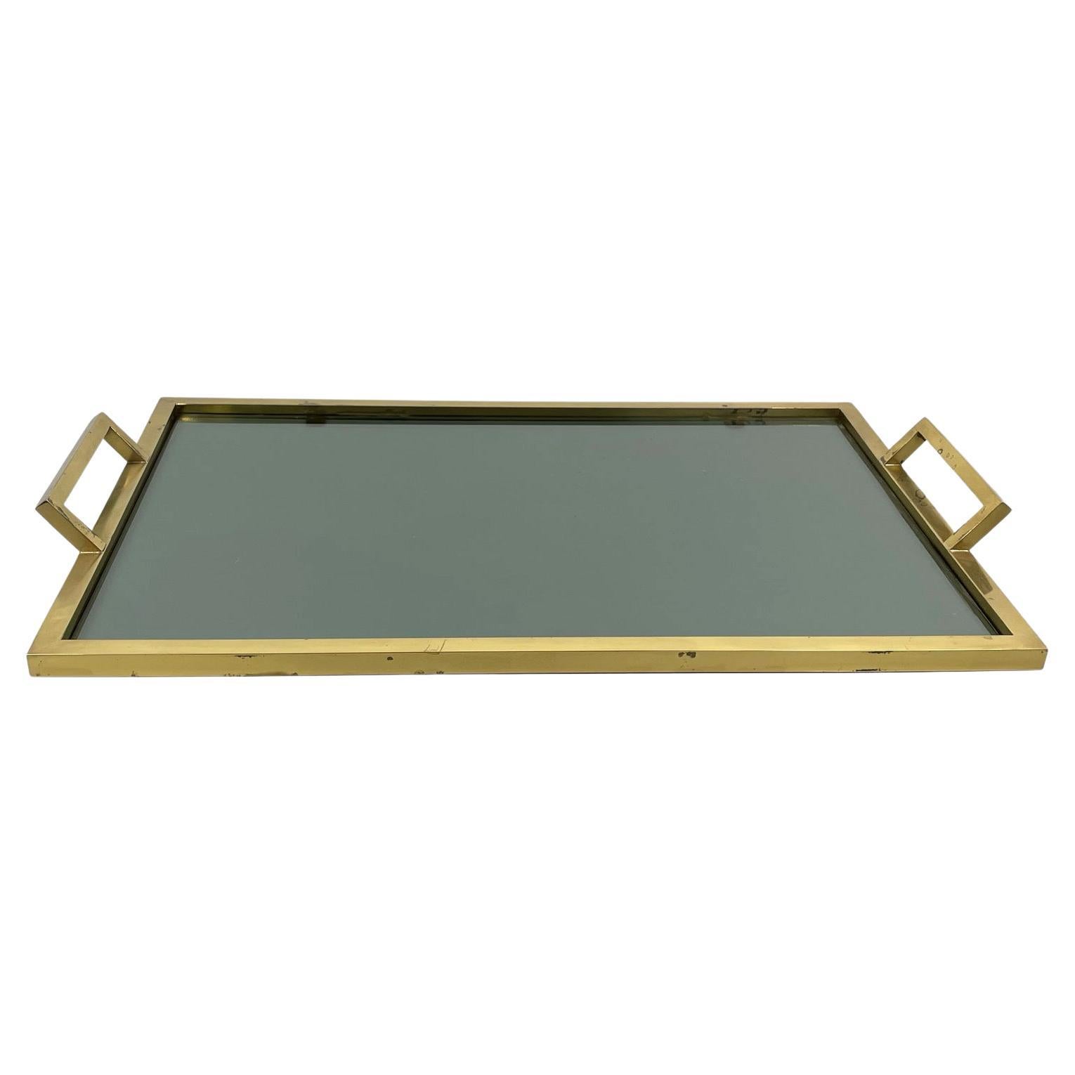 Italian mid-century Rectangular tray in brass and smoked glass, 1960s For Sale