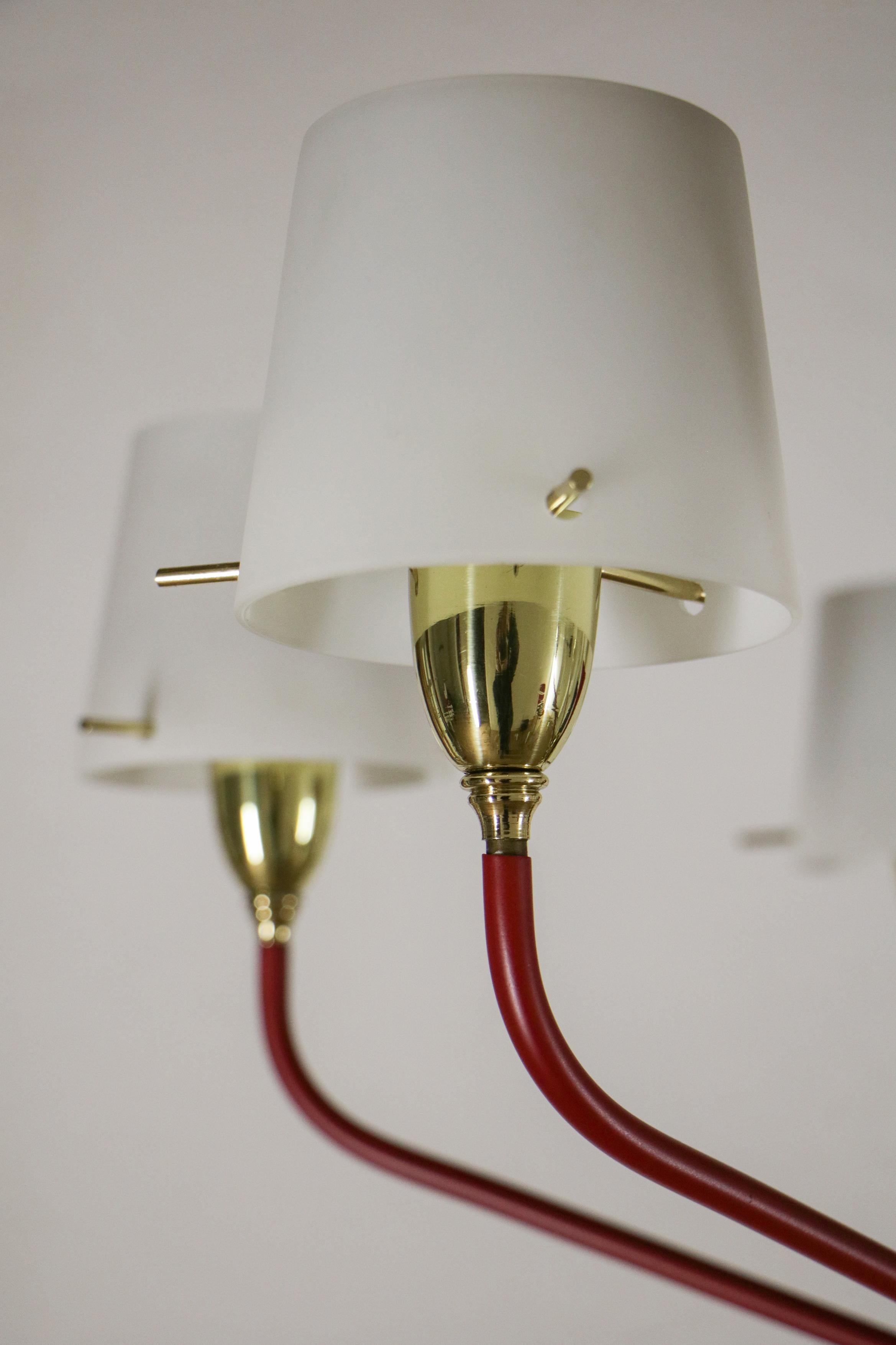 Italian Mid-Century Red Gold Six Lights Chandelier Attributed to Stilnovo, 1950s For Sale 6
