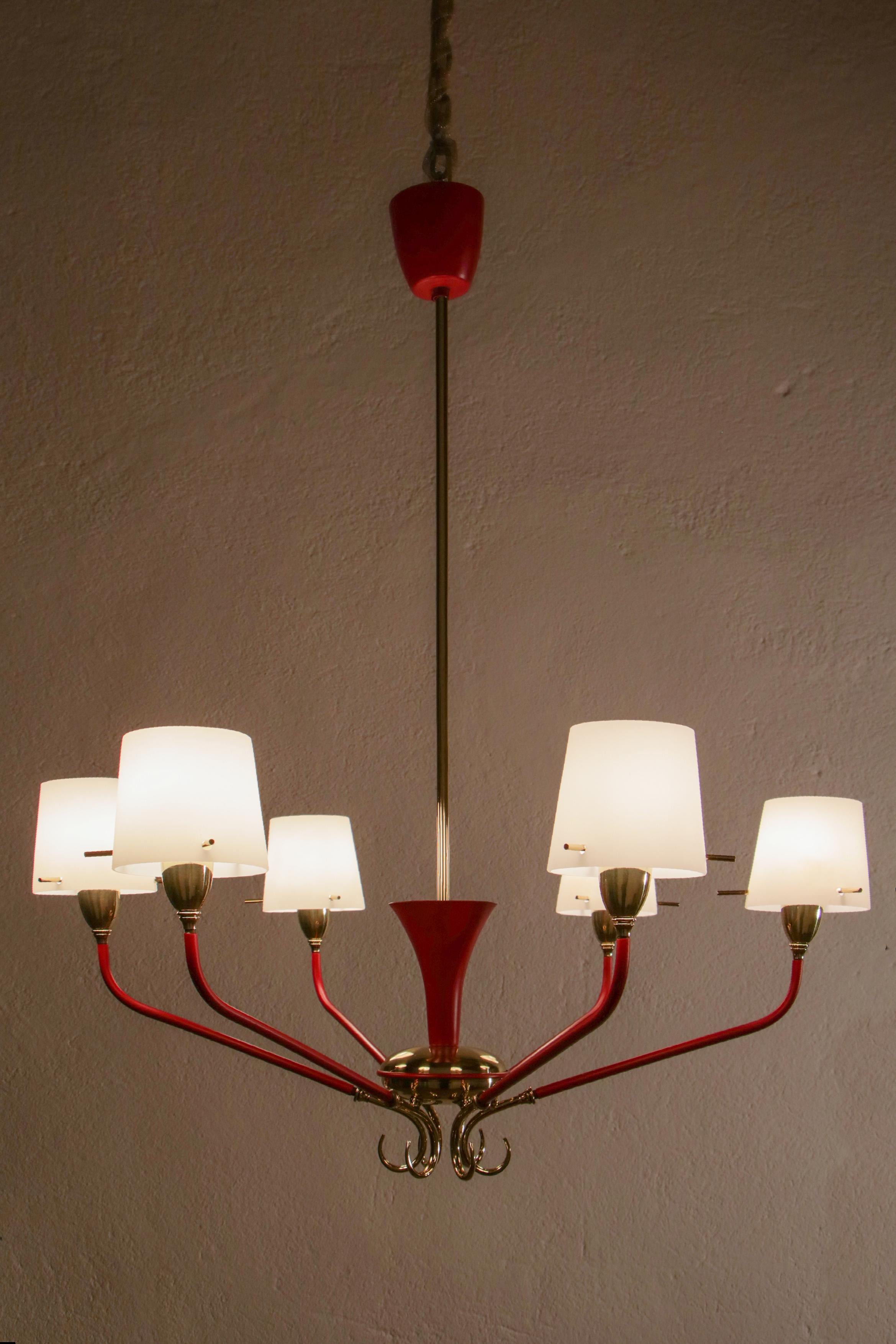 Italian Mid-Century Red Gold Six Lights Chandelier Attributed to Stilnovo, 1950s For Sale 11