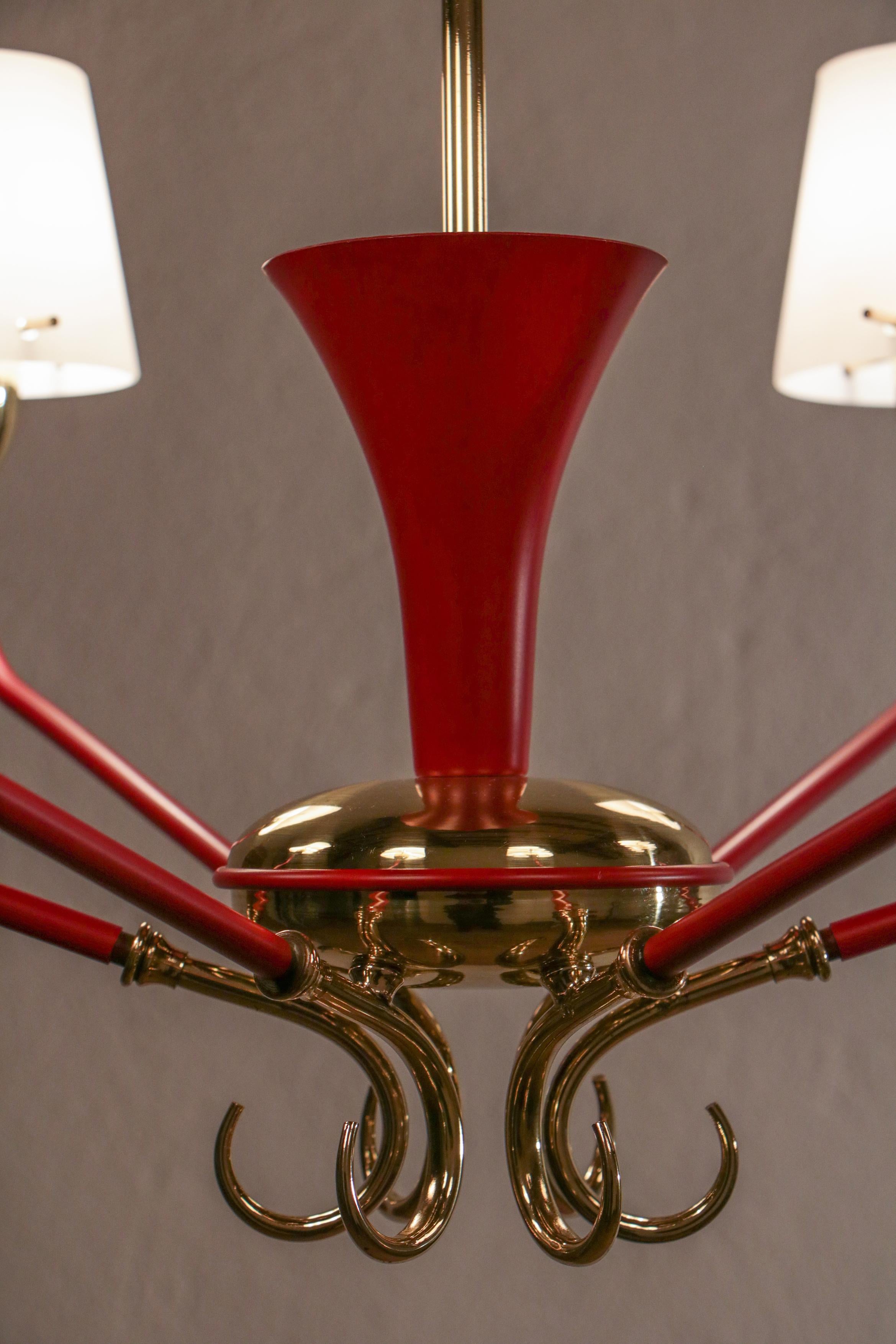 Italian Mid-Century Red Gold Six Lights Chandelier Attributed to Stilnovo, 1950s For Sale 13