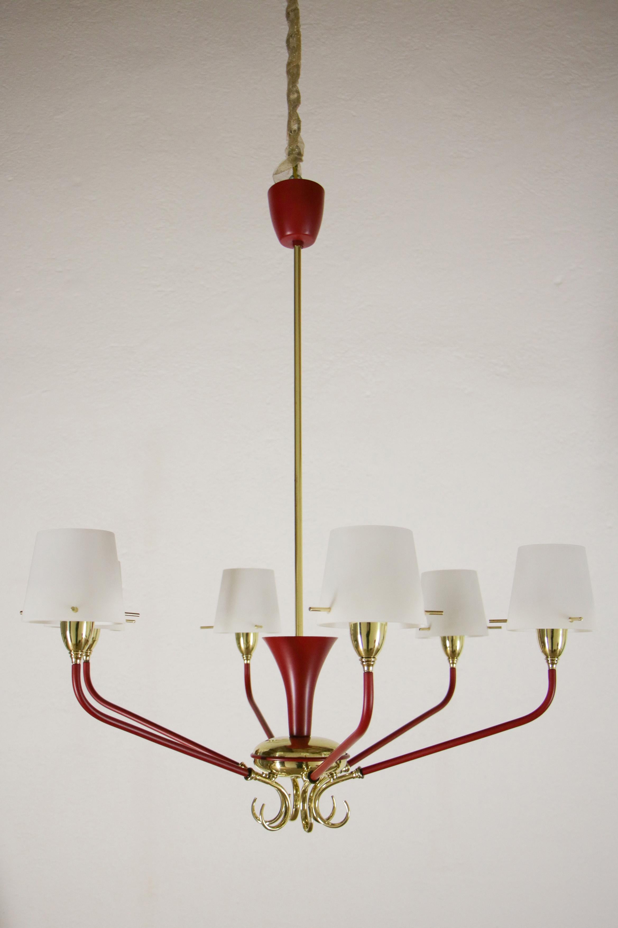 Mid-Century Modern Italian Mid-Century Red Gold Six Lights Chandelier Attributed to Stilnovo, 1950s For Sale
