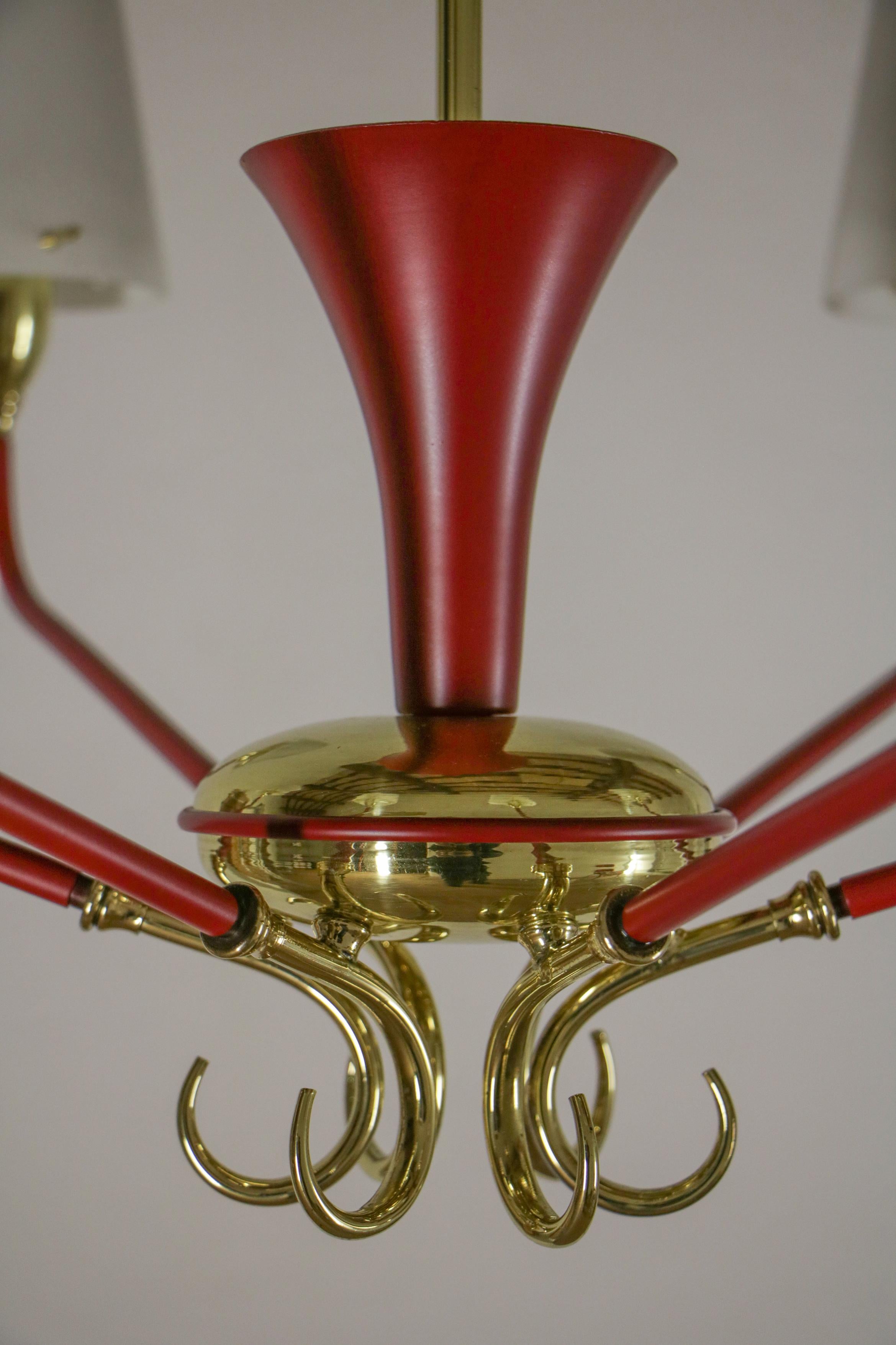 Mid-20th Century Italian Mid-Century Red Gold Six Lights Chandelier Attributed to Stilnovo, 1950s For Sale