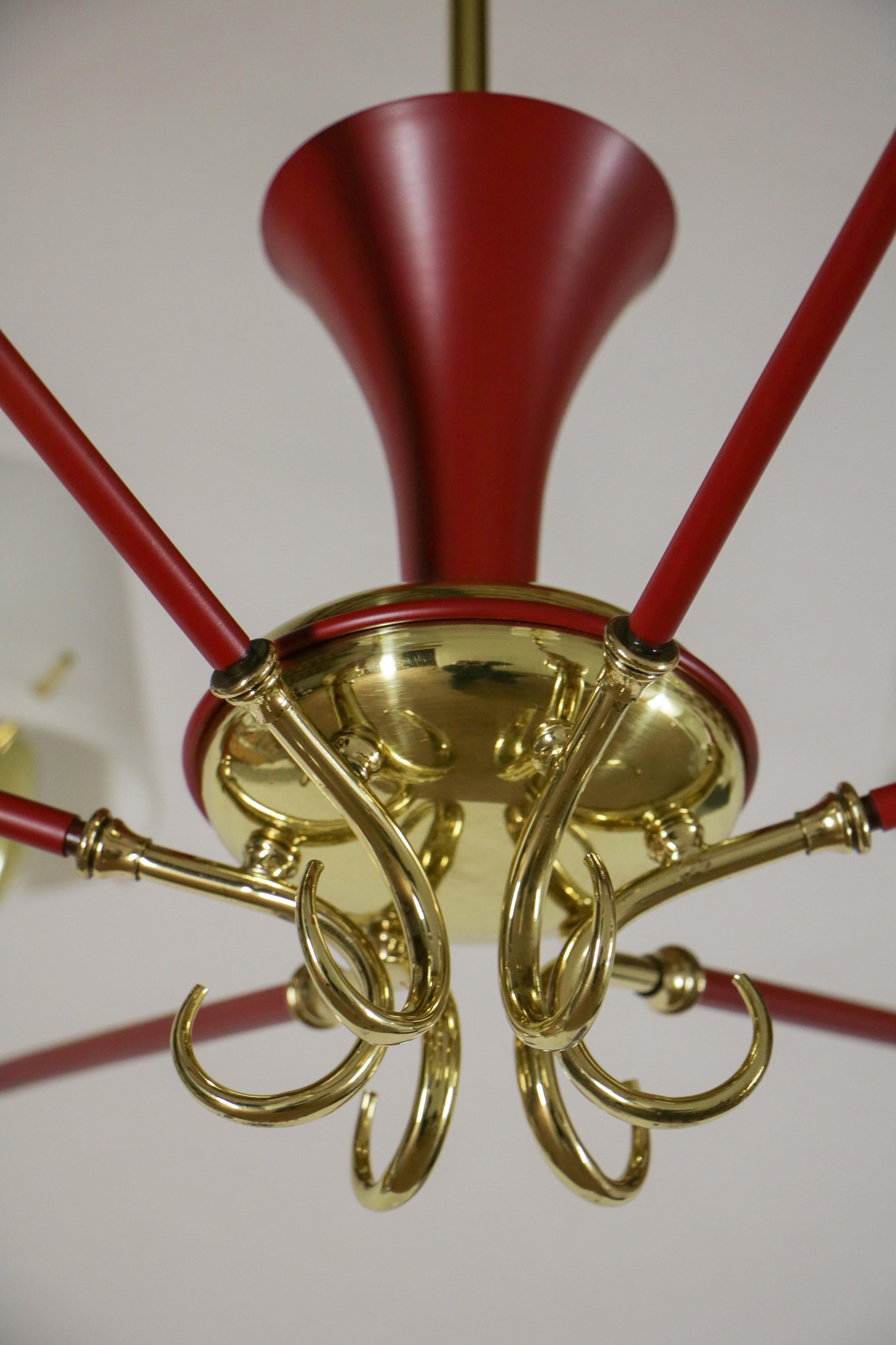 Aluminum Italian Mid-Century Red Gold Six Lights Chandelier Attributed to Stilnovo, 1950s For Sale