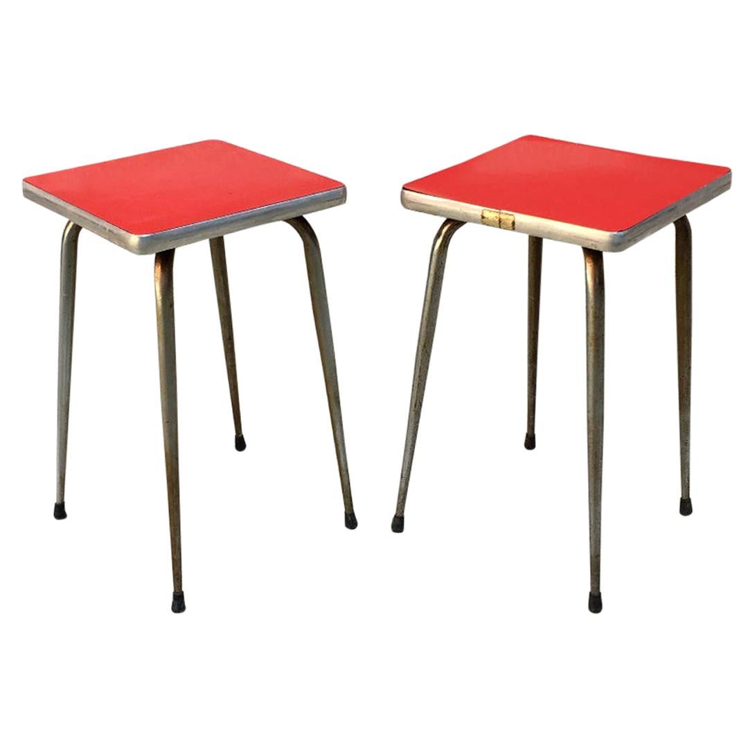 Italian Midcentury Red Laminate Stools with a Squared Seat, 1950s