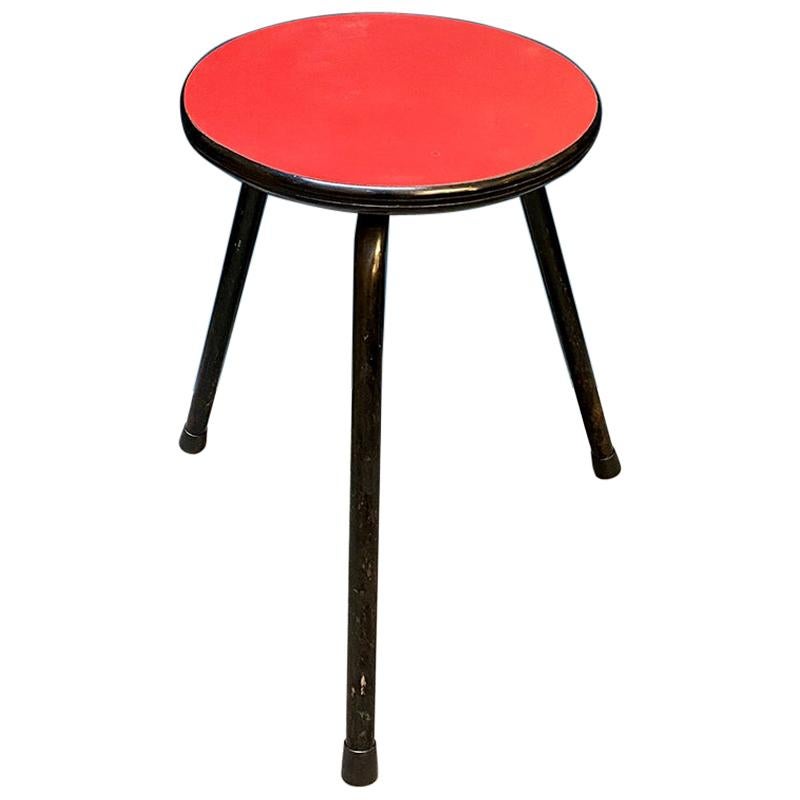 Italian Midcentury Red Laminated and Metal Stool, 1950s