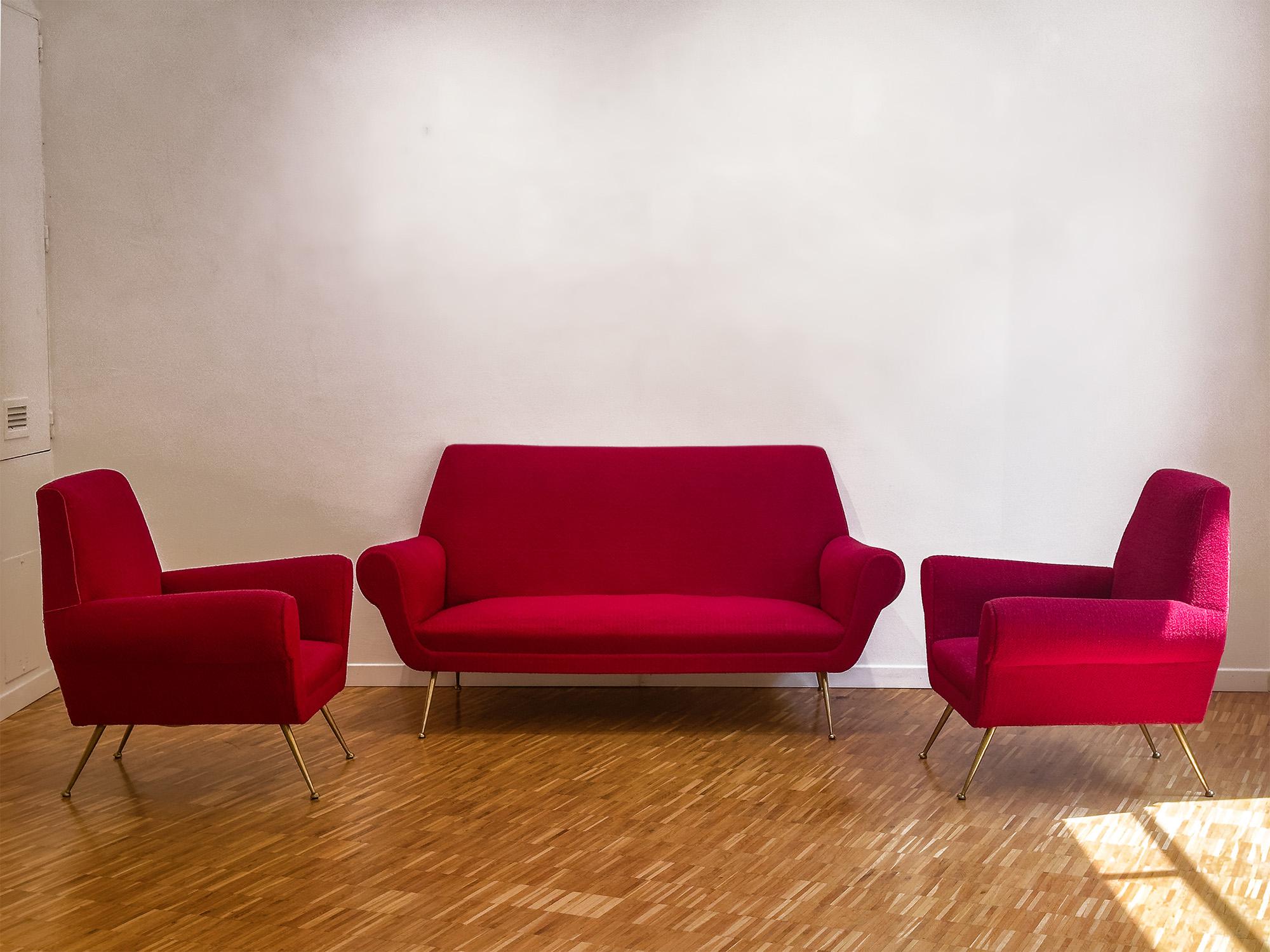 Rotes Rubinsofa mit Sesseln von Gigi Radice, 1950er Jahre, Italien, Mitte des Jahrhunderts im Angebot 5