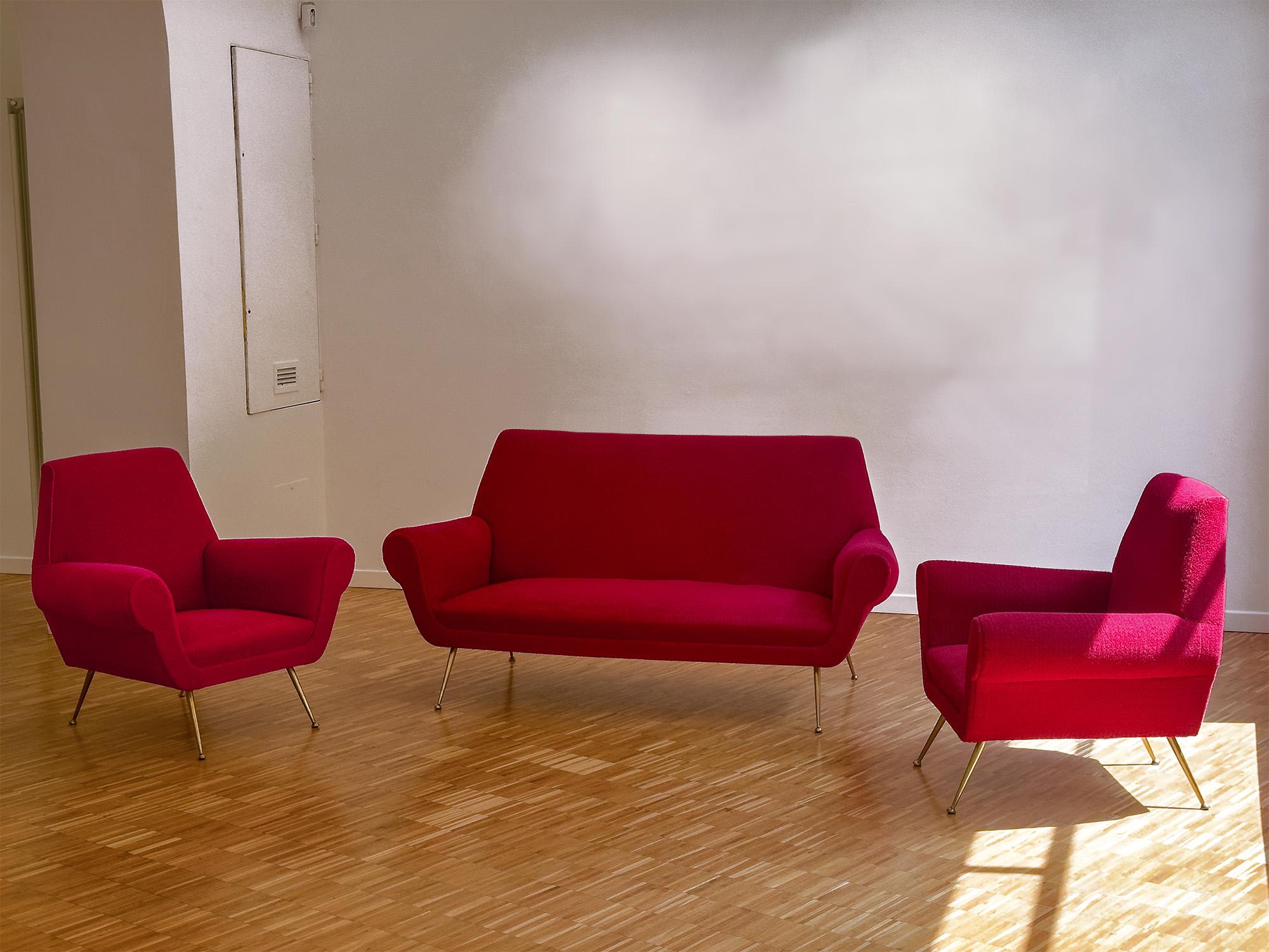 Rotes Rubinsofa mit Sesseln von Gigi Radice, 1950er Jahre, Italien, Mitte des Jahrhunderts im Angebot 2