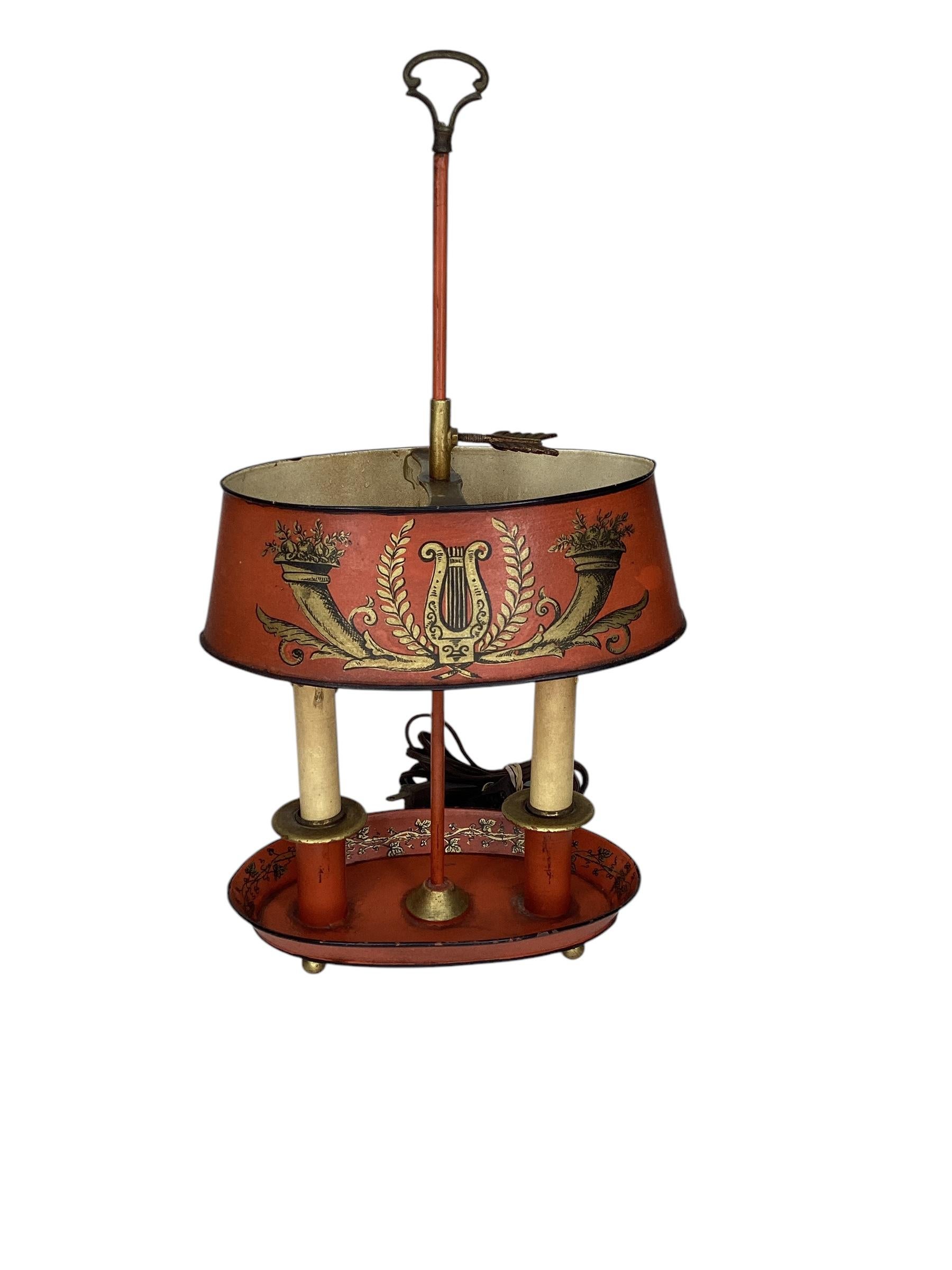 Metal Italian Mid Century Red Tole Bouillotte Lamp For Sale