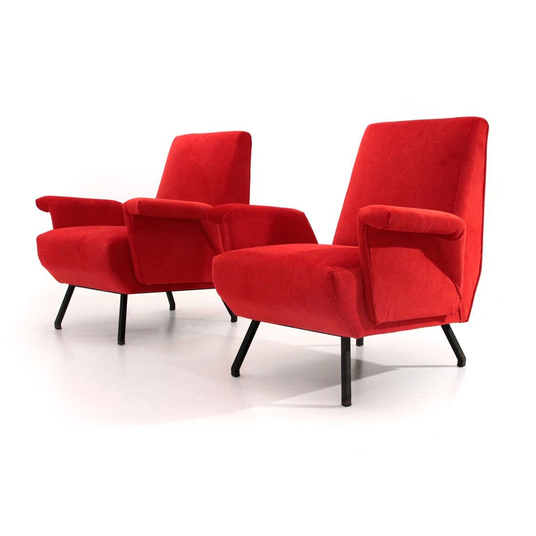 Mid-20th Century Italian Midcentury Red Velvet Armchair, 1950s, Set of 2