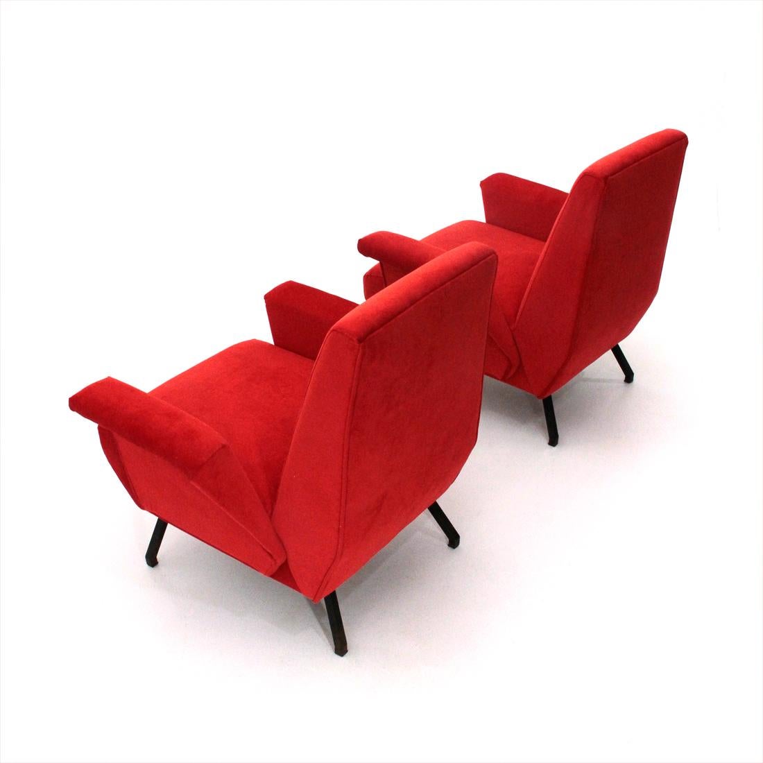 Italian Midcentury Red Velvet Armchair, 1950s, Set of 2 2