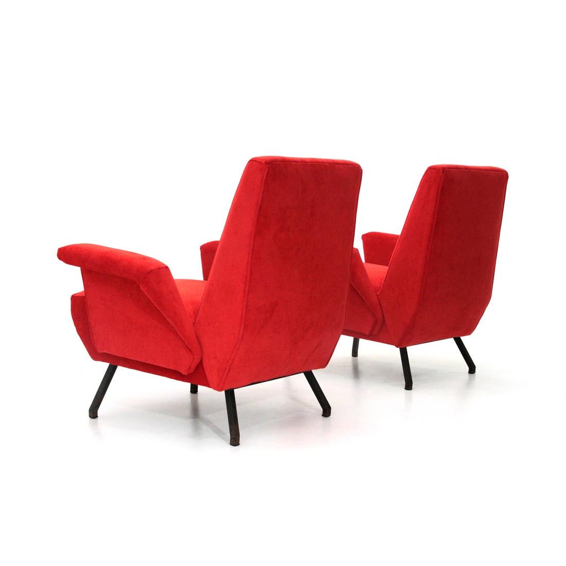 Italian Midcentury Red Velvet Armchair, 1950s, Set of 2 3
