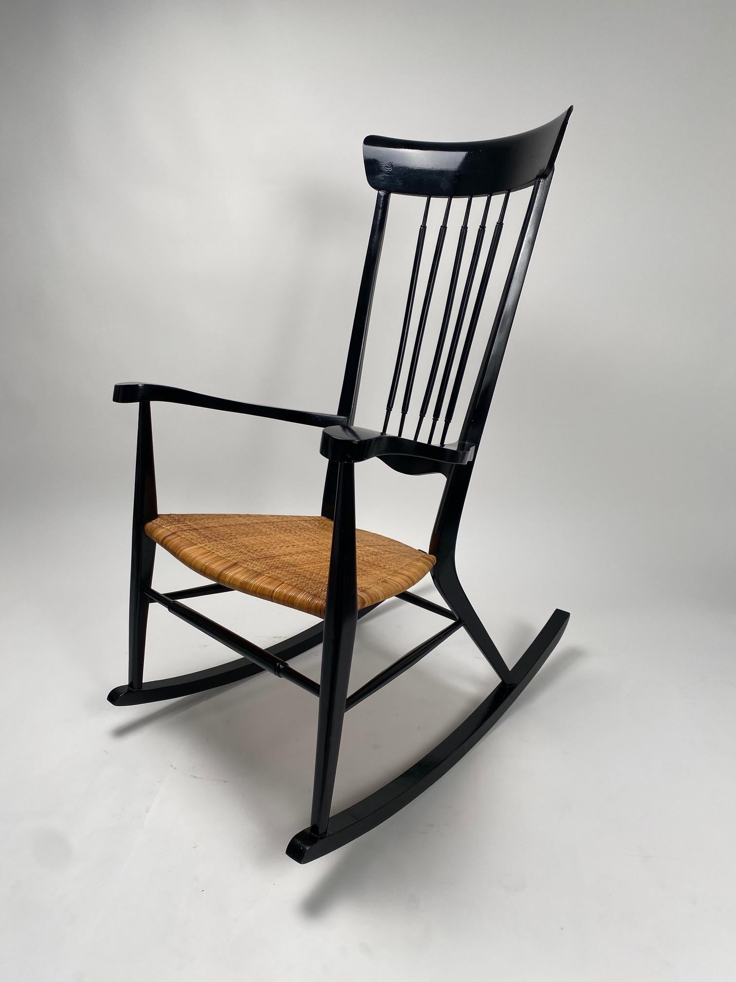 Mid-20th Century Italian Mid-Century Rocking Chair, Black lacquered wood, Paolo Buffa Style 1950s For Sale