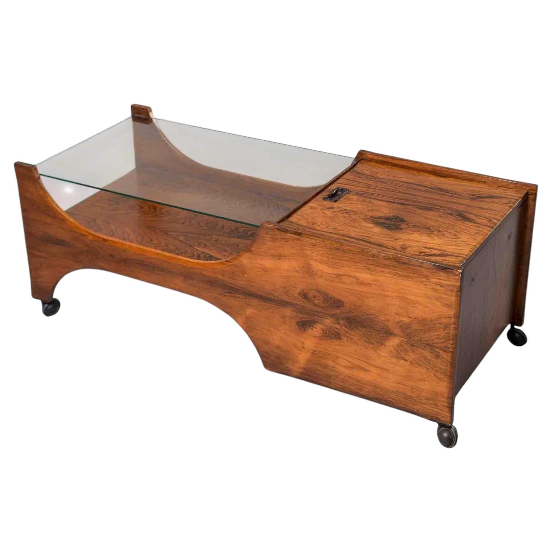 Italian Mid-Century Rosewood Coffee Table with Glass Top and Lift-Lid Storage