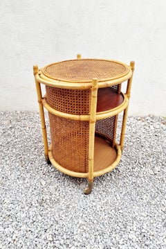 Italian Mid Century Round Bamboo and Rattan Serving Trolley, Italy 60s