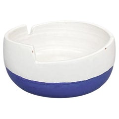 Italian Mid-Century Round Bowl in Glazed Ceramic Blue N White by Sottsass, 1980s