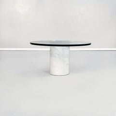 Italian Mid-Century Round Coffee Table in Aquamarine Glass n White Marble, 1980s