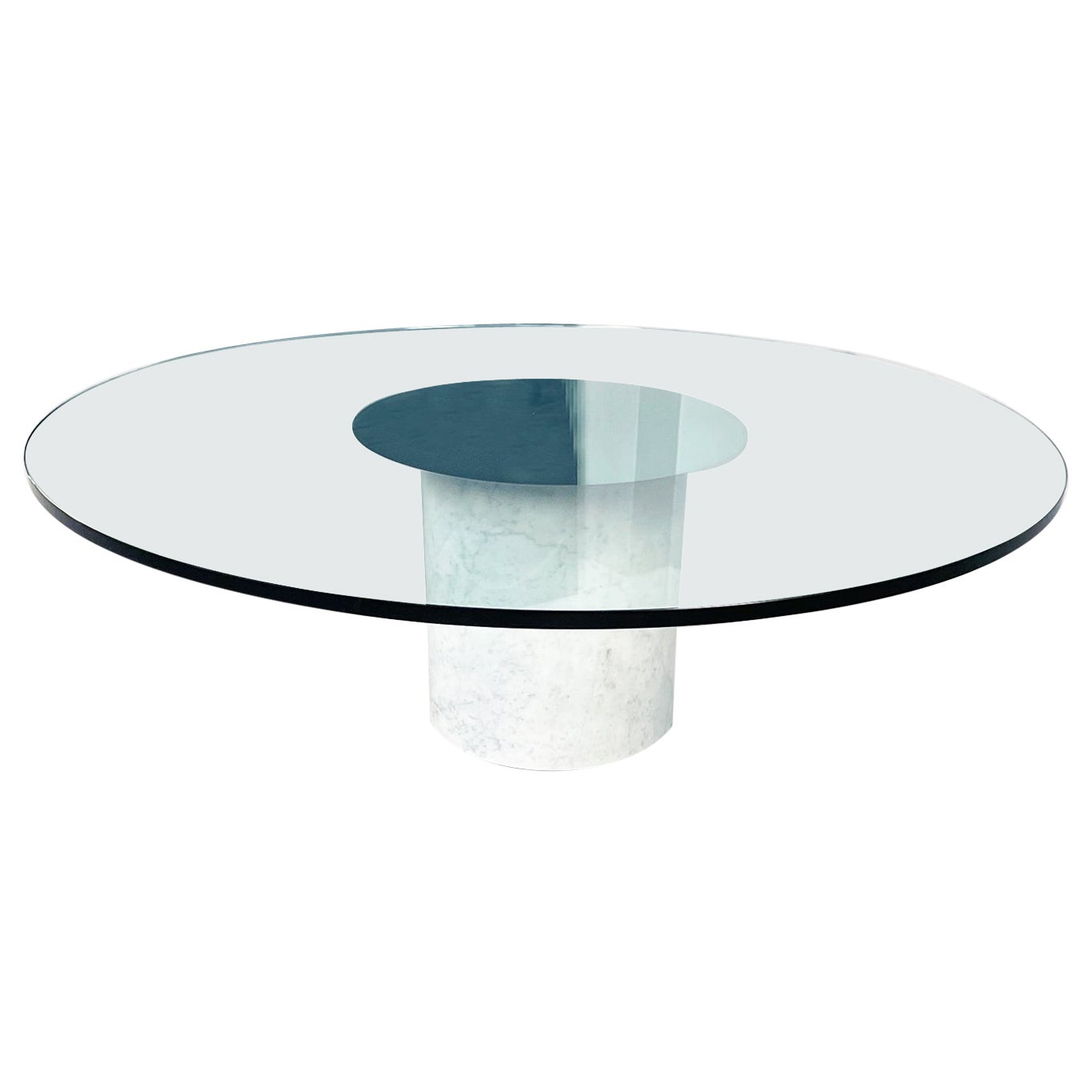 Italian Mid-Century Round Coffee Table in Aquamarine Glass n White Marble, 1980s