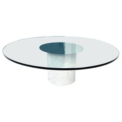 Italian Mid-Century Round Coffee Table in Aquamarine Glass n White Marble, 1980s