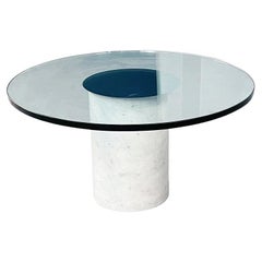 Italian Mid-Century Round Coffee Table in Aquamarine Glass n White Marble, 1980s