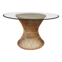 Italienische Mitte des Jahrhunderts Runder Esstisch aus Glas und Rattan, 1960er Jahre