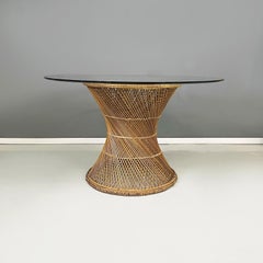 Italian mid-century Round dining table in glass and rattan, 1960s