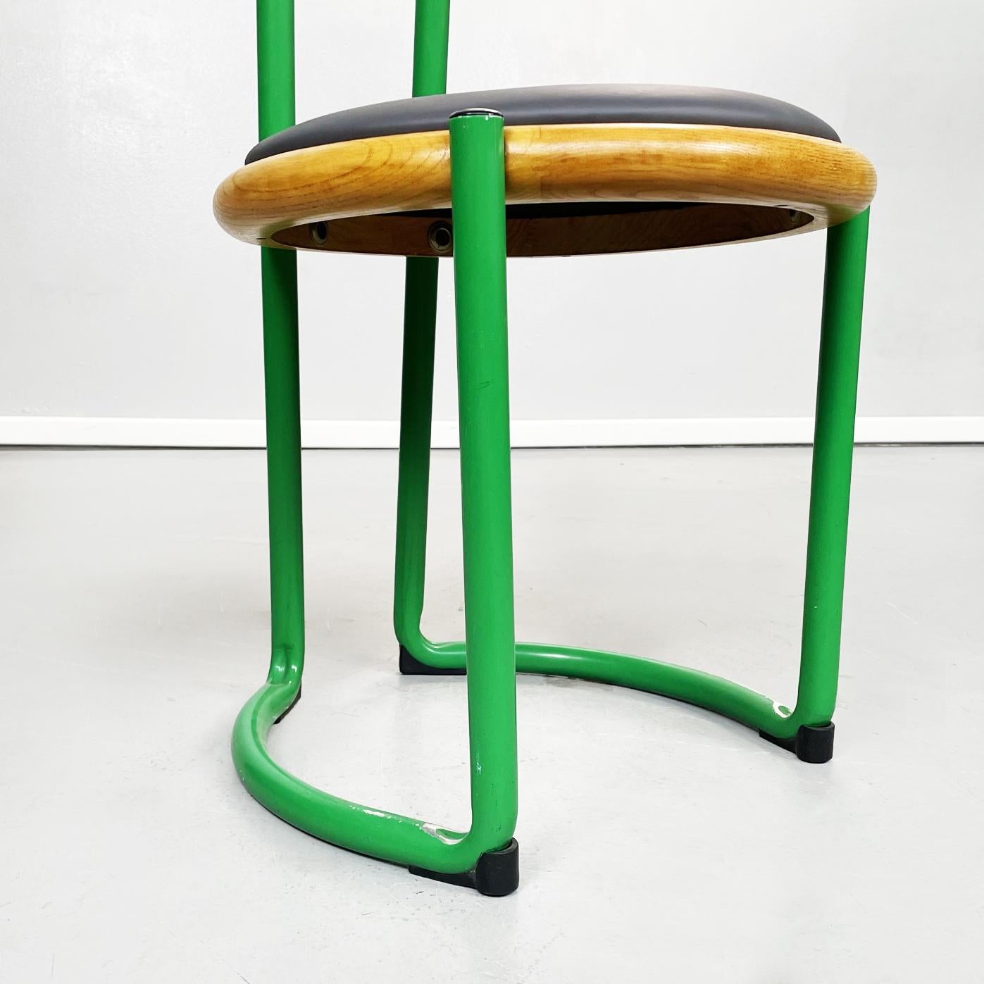 Italian Mid-Century Round Green Metal, Leather Wood Chairs by Tito Agnoli, 1950s 8