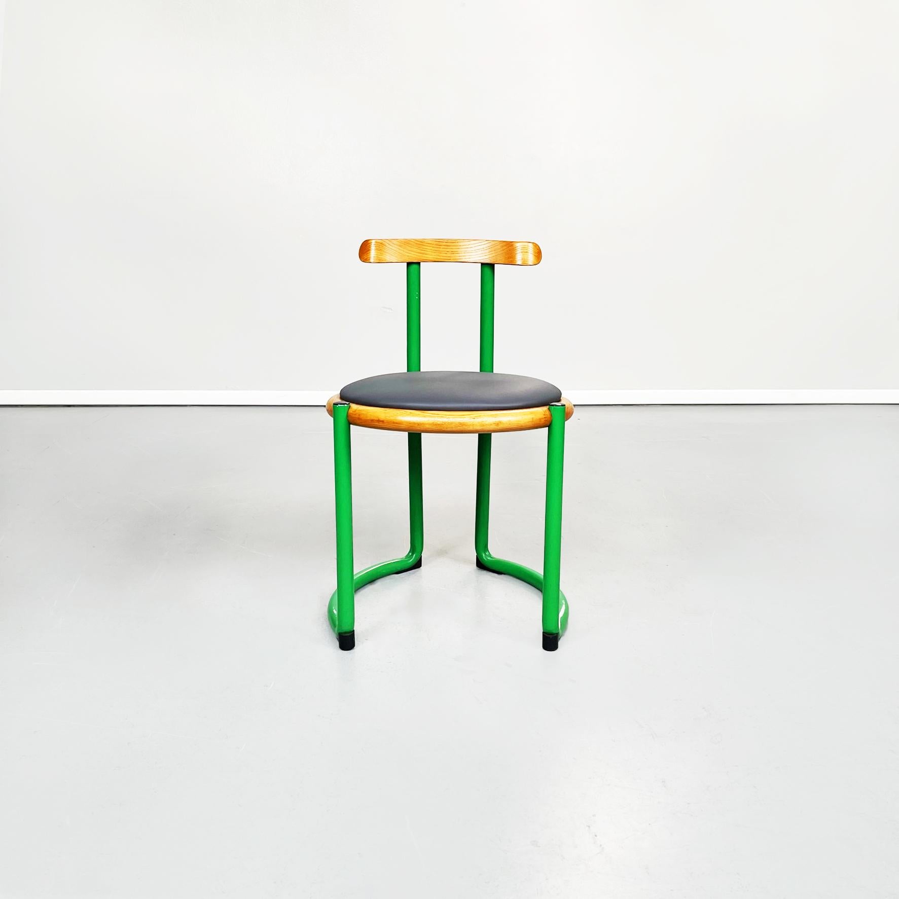 Mid-Century Modern Italian Mid-Century Round Green Metal, Leather Wood Chairs by Tito Agnoli, 1950s