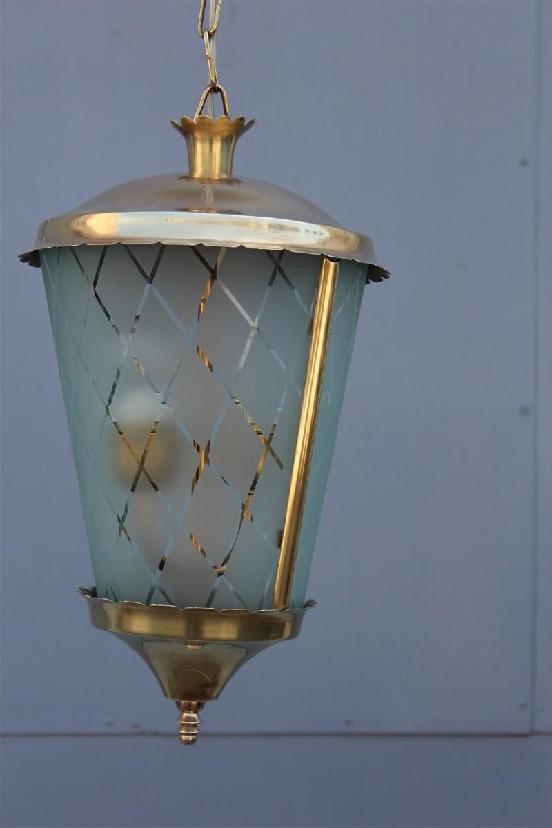 Italian Midcentury Round Lantern in Satin Glass and Brass, 1950s In Good Condition In Palermo, Sicily