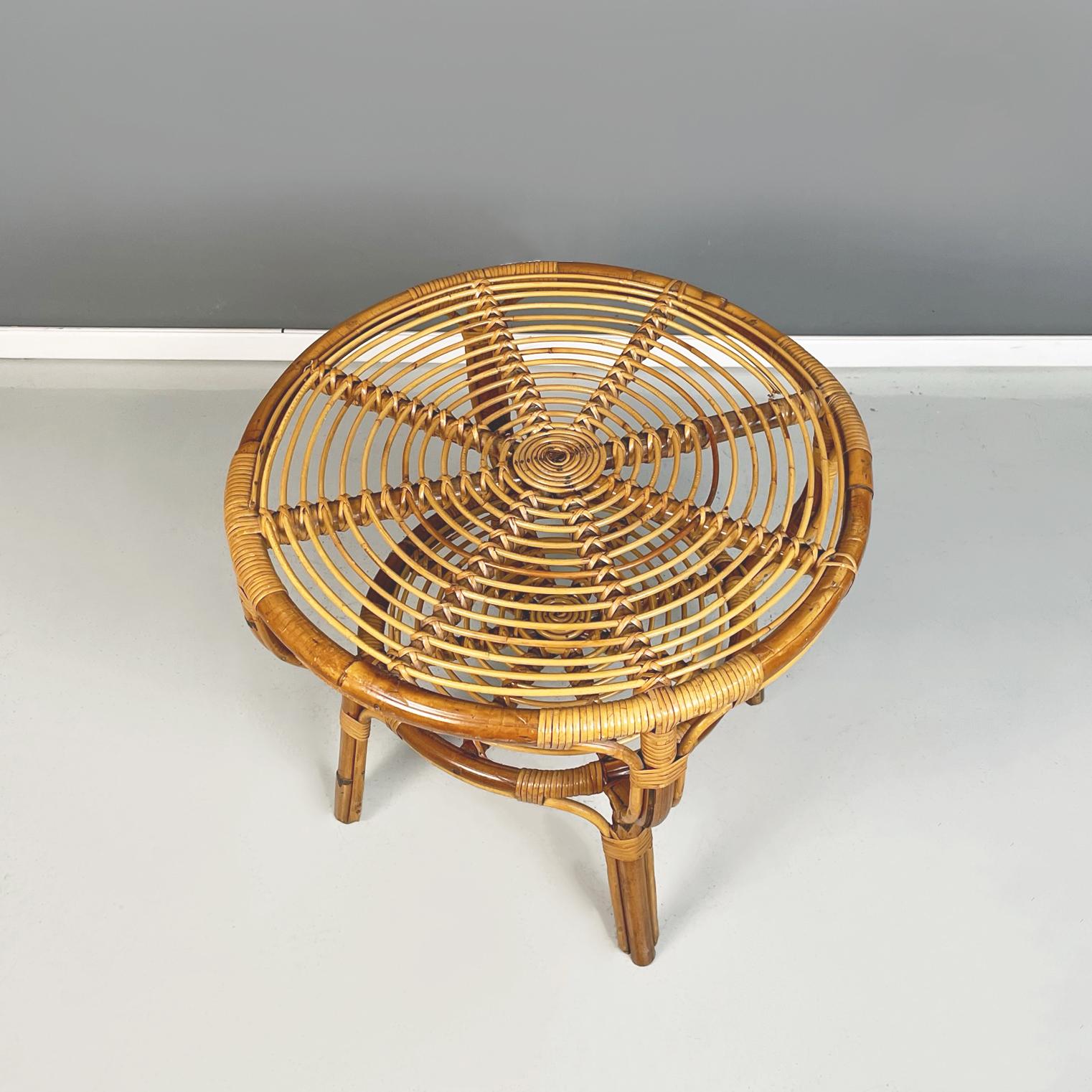 Italian Midcentury Round Rattan Garden Coffee Table, 1960s For Sale at