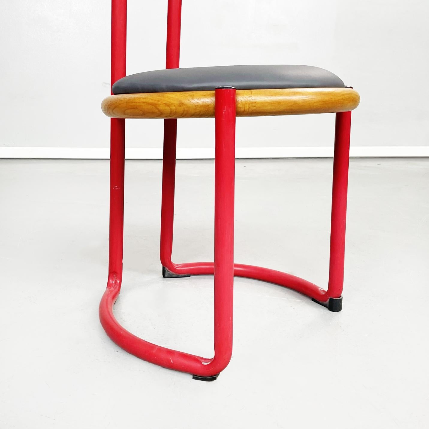 Italian Mid-Century Round Red Metal, Leather Wood Chairs by Tito Agnoli, 1950s 7