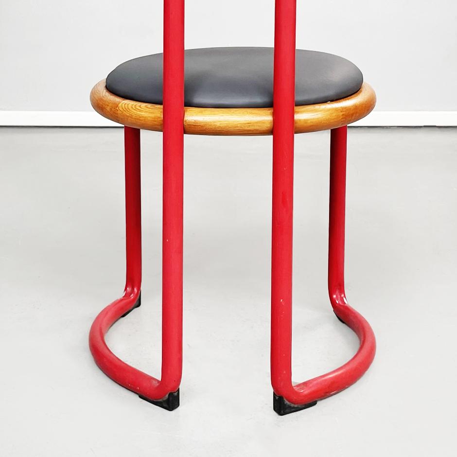Italian Mid-Century Round Red Metal, Leather Wood Chairs by Tito Agnoli, 1950s 8