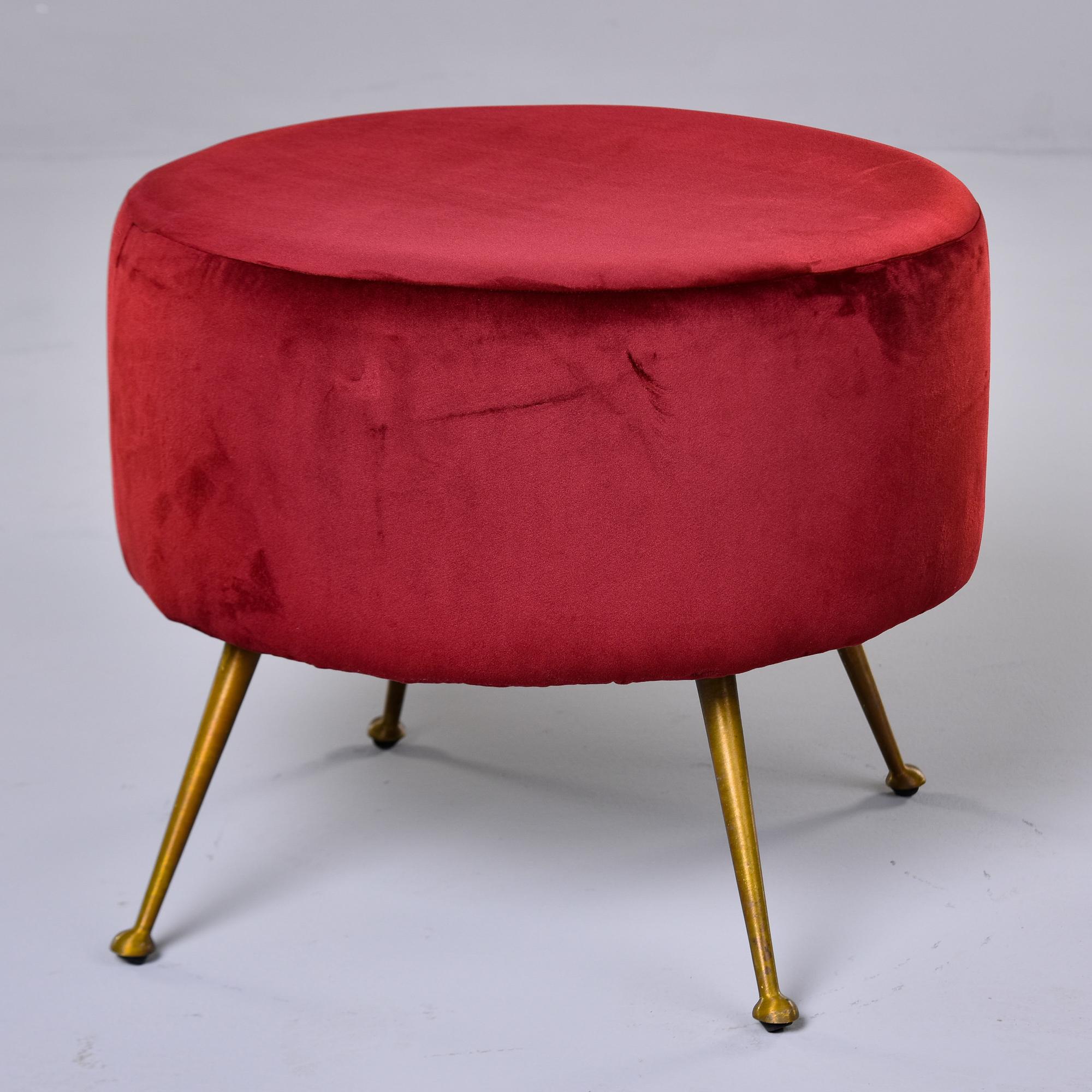 Mid-Century Modern Italian Midcentury Round Stool with Red Upholstery and Brass Legs For Sale