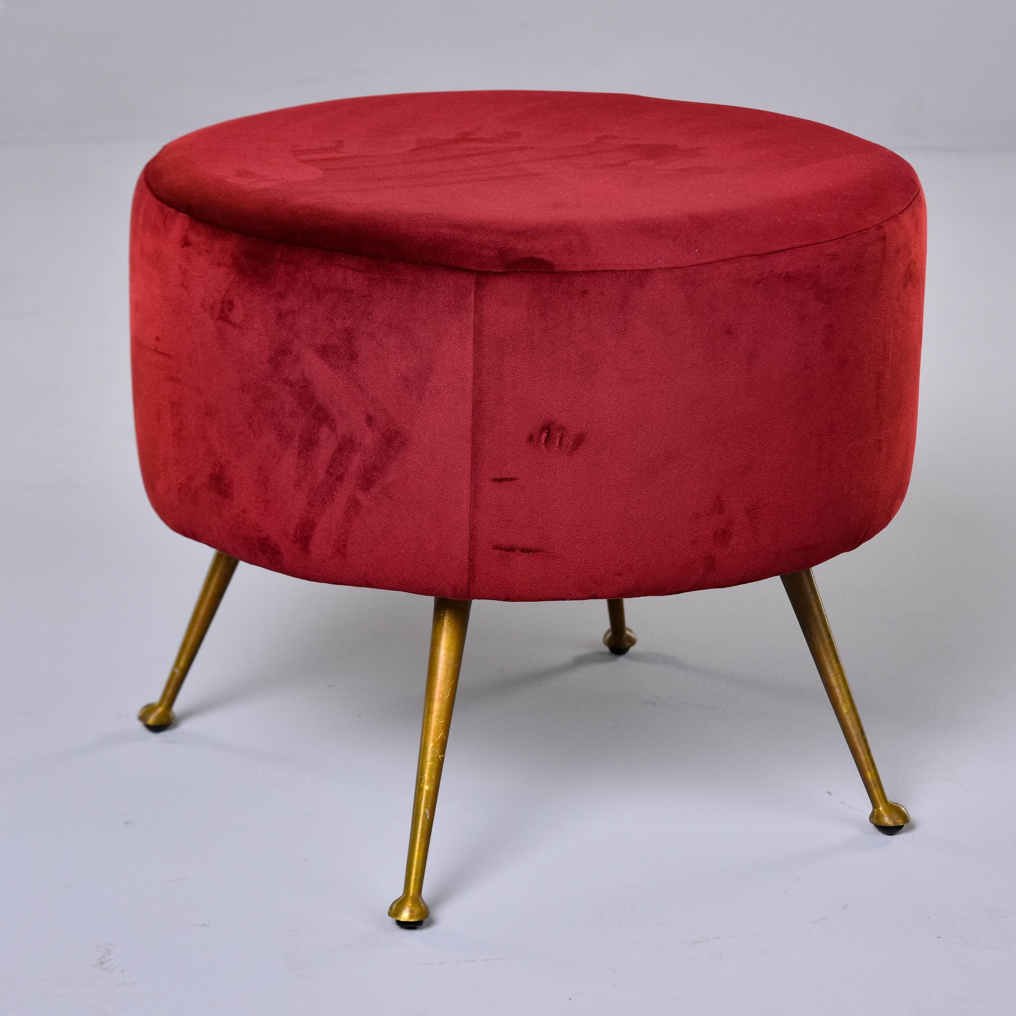 20th Century Italian Midcentury Round Stool with Red Upholstery and Brass Legs For Sale