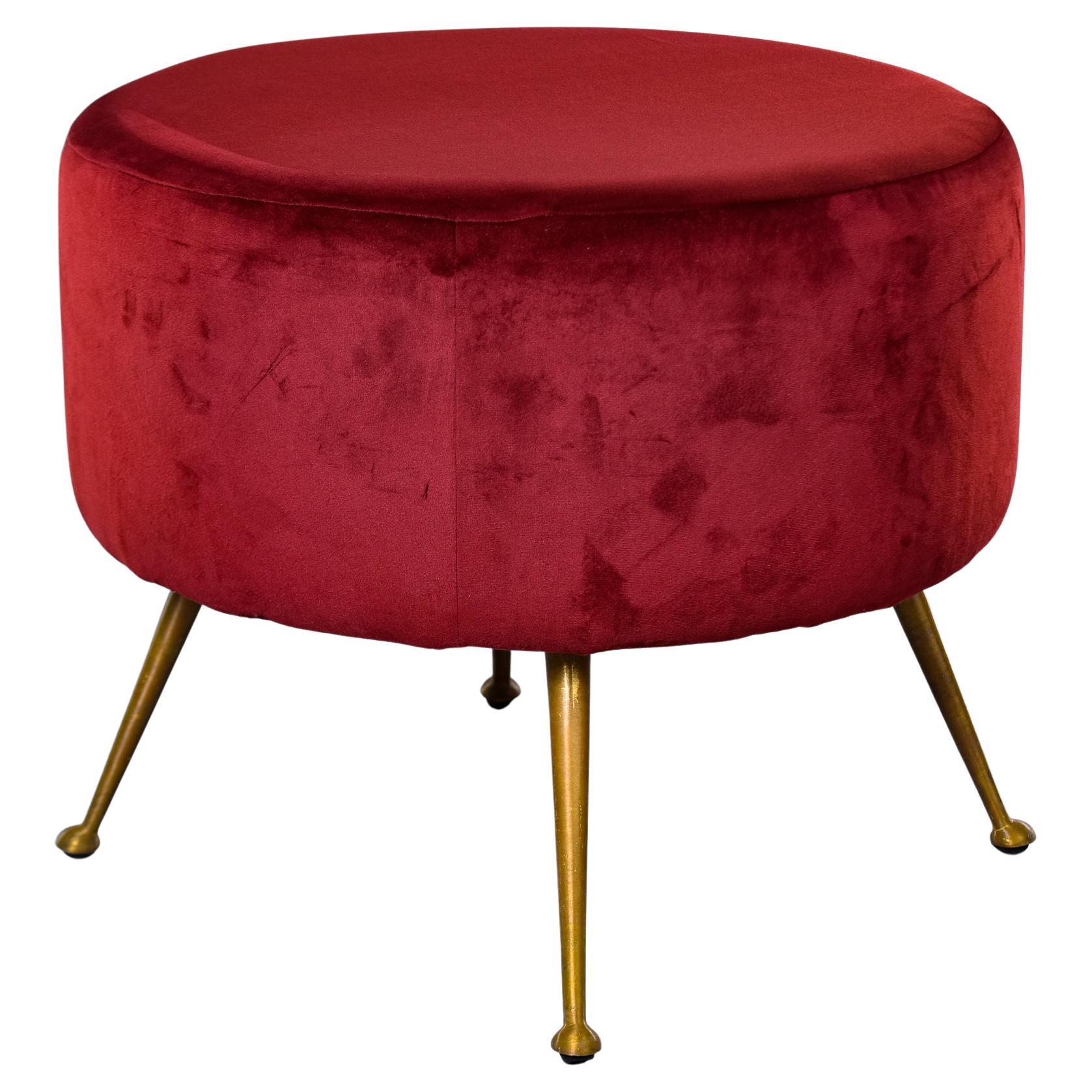 Italian Midcentury Round Stool with Red Upholstery and Brass Legs