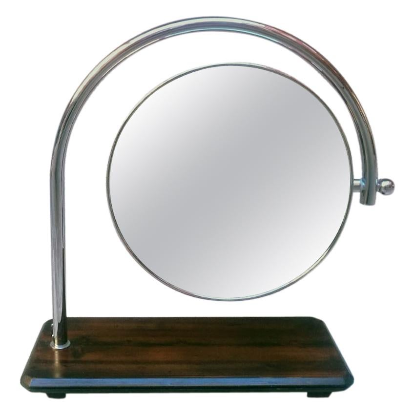 Italian Midcentury Round Table Mirror with Wooden Base, 1970s