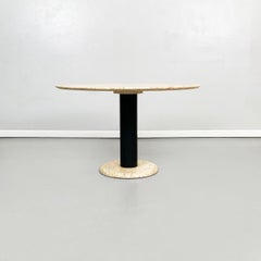 Italian Mid-Century Round Travertine and Black Metal Coffee Table, 1970s