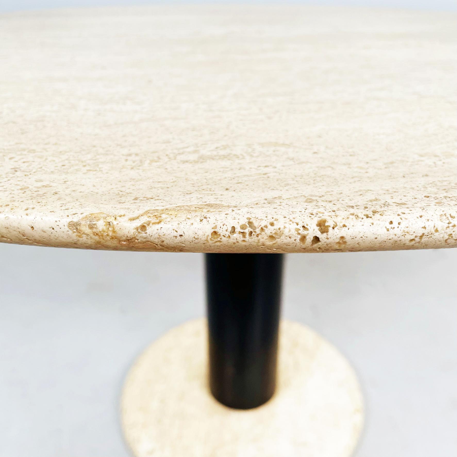 Italian Mid-Century Round Travertine and Black Metal Coffee Table, 1970s For Sale 1