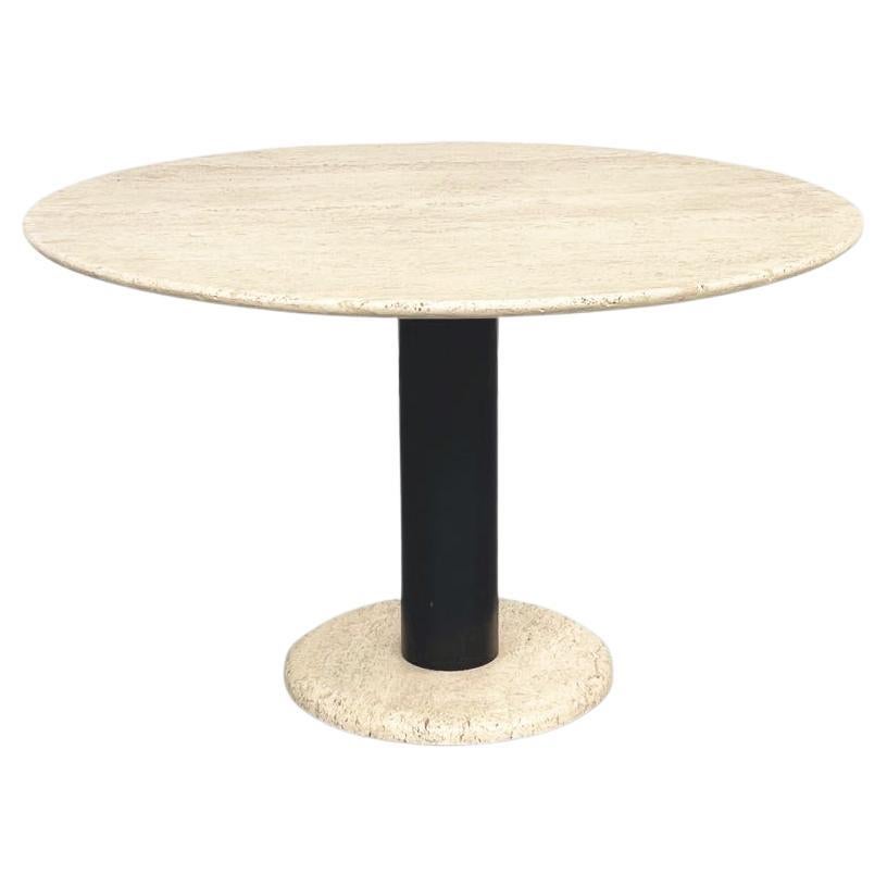 Table basse ronde italienne du milieu du siècle dernier en travertin et métal noir, 1970