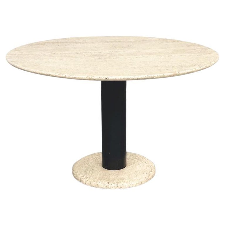 Italian MidCentury Round Travertine and Black Metal Coffee Table