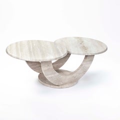 Italian Mid-Century Round Two-Tiered Sofa Table in Travertine Stone, 1960s