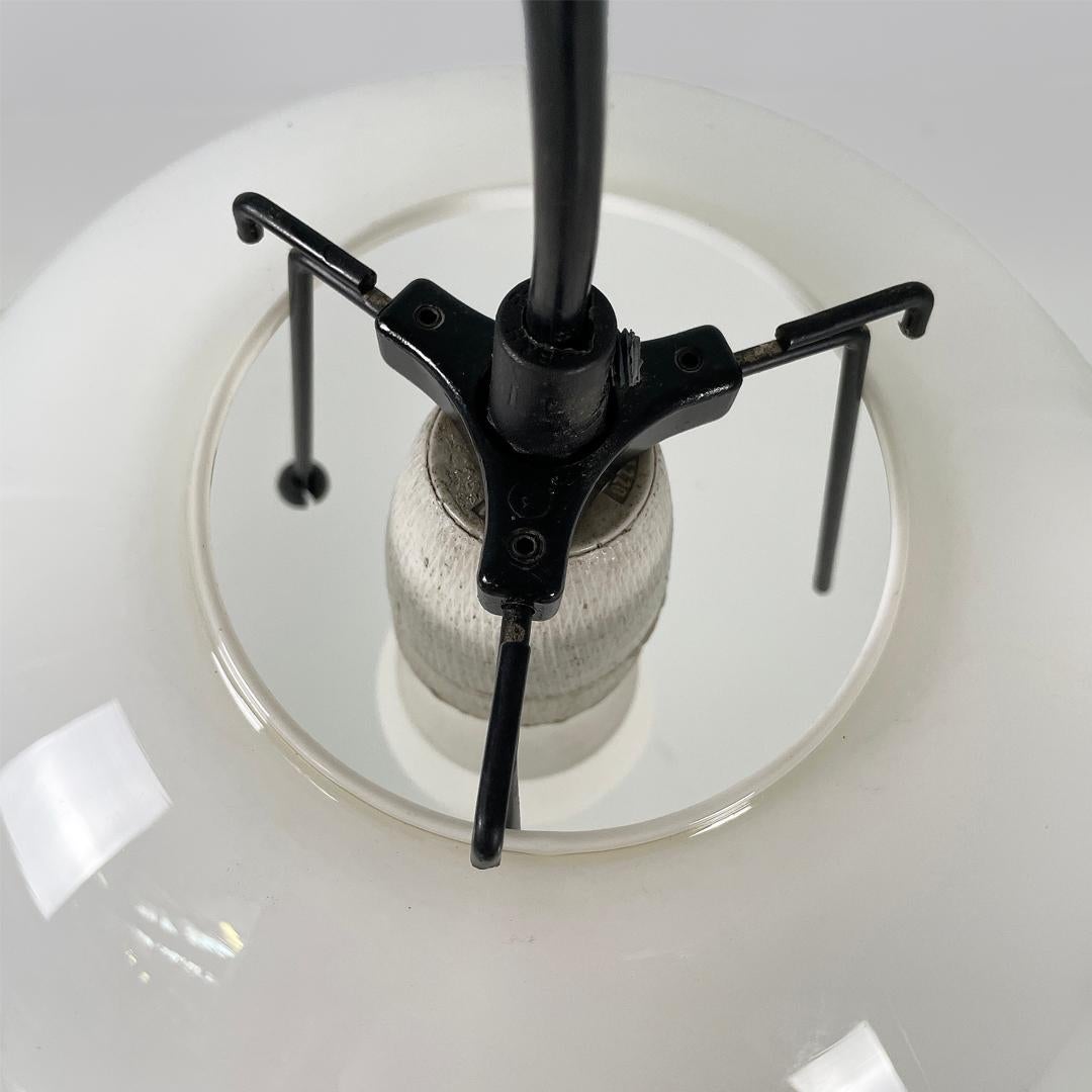 Glass Italian mid century round white glass chandelier, 1950s For Sale