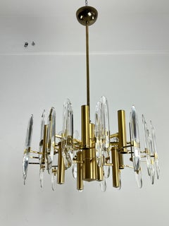 Italian Mid-Century Sciolari 12-Light Brass and Crystal Chandelier