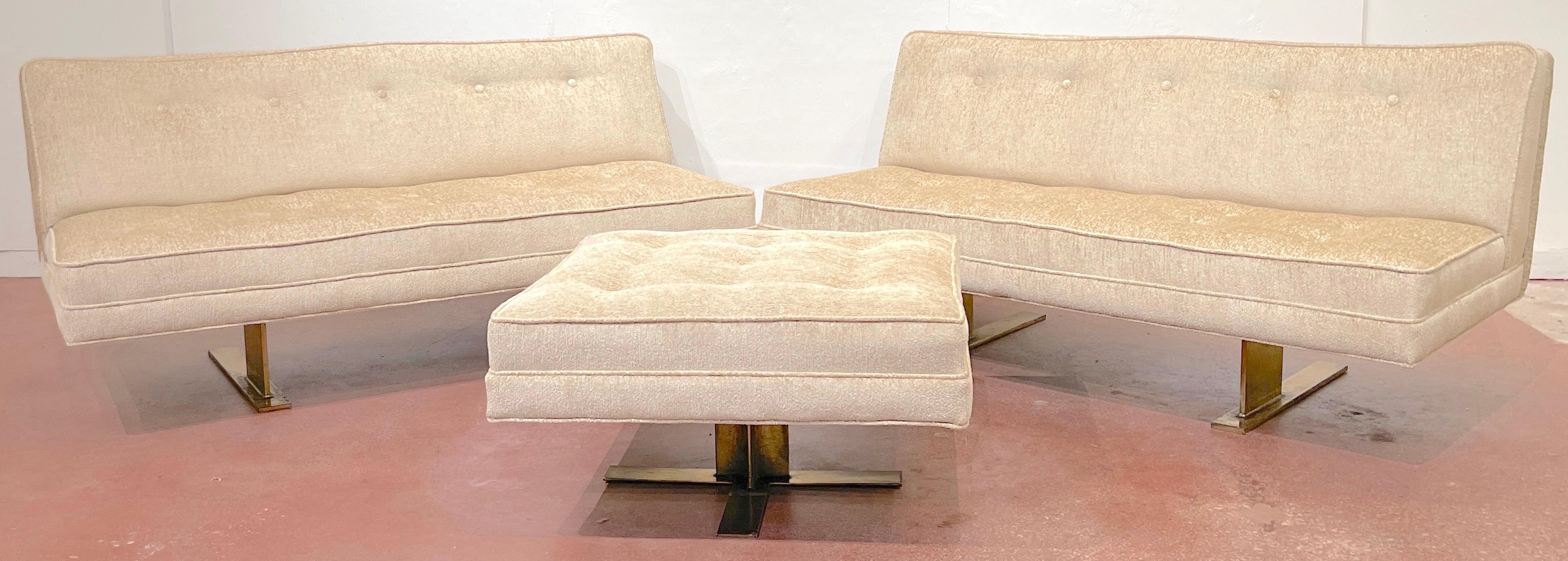 Italian Mid- Century sculptural bronze 'Floating' Sectional Set, Consisting of Two Sofas and One Ottoman 
Italy, 1970s, Recently upholstered.
Possibly by Marzio Cecchi 

We are pleased to offer this quietly stunning three piece cast bronze