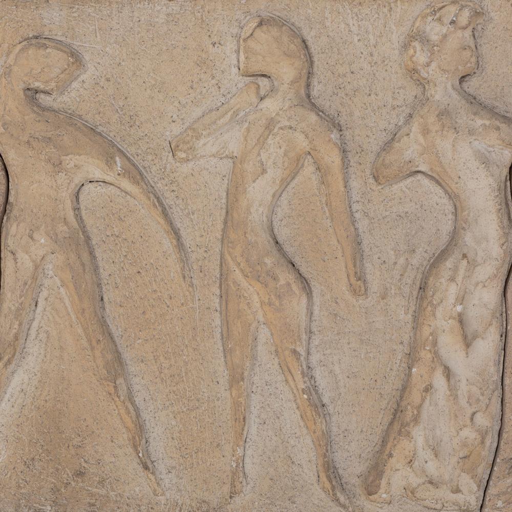 Hand-Crafted Italian Mid-Century Sculptural-Figurative Sandstone Wall Pannel signed 1950s  For Sale