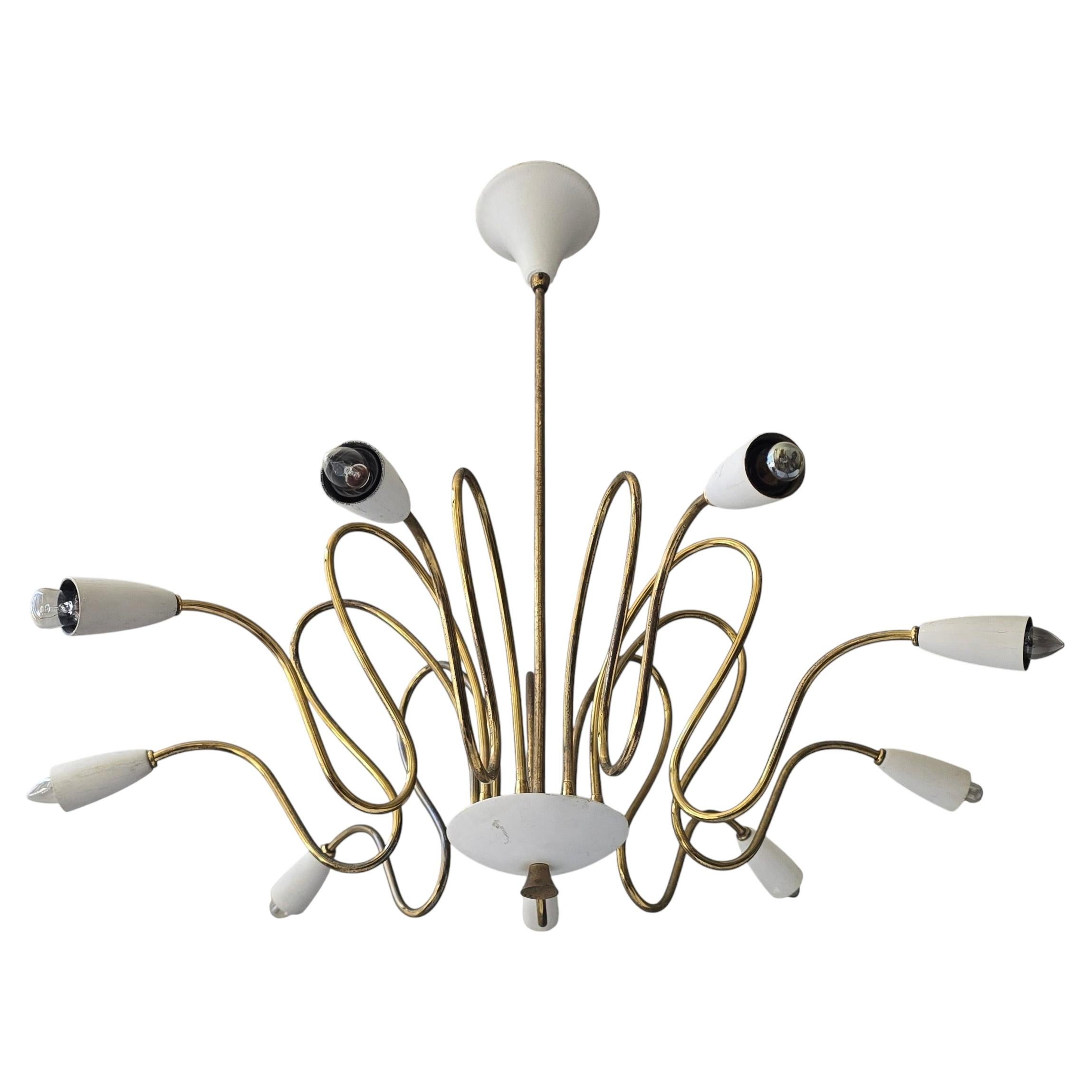Italian Mid-Century Sculptural Nine-Light Brass Chandelier, 1950s For Sale