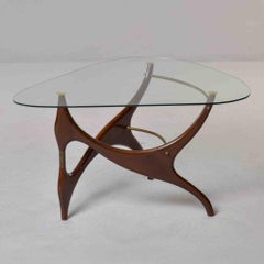 Italian Mid-Century Sculptural Walnut & Brass Cocktail Table with Glass Top