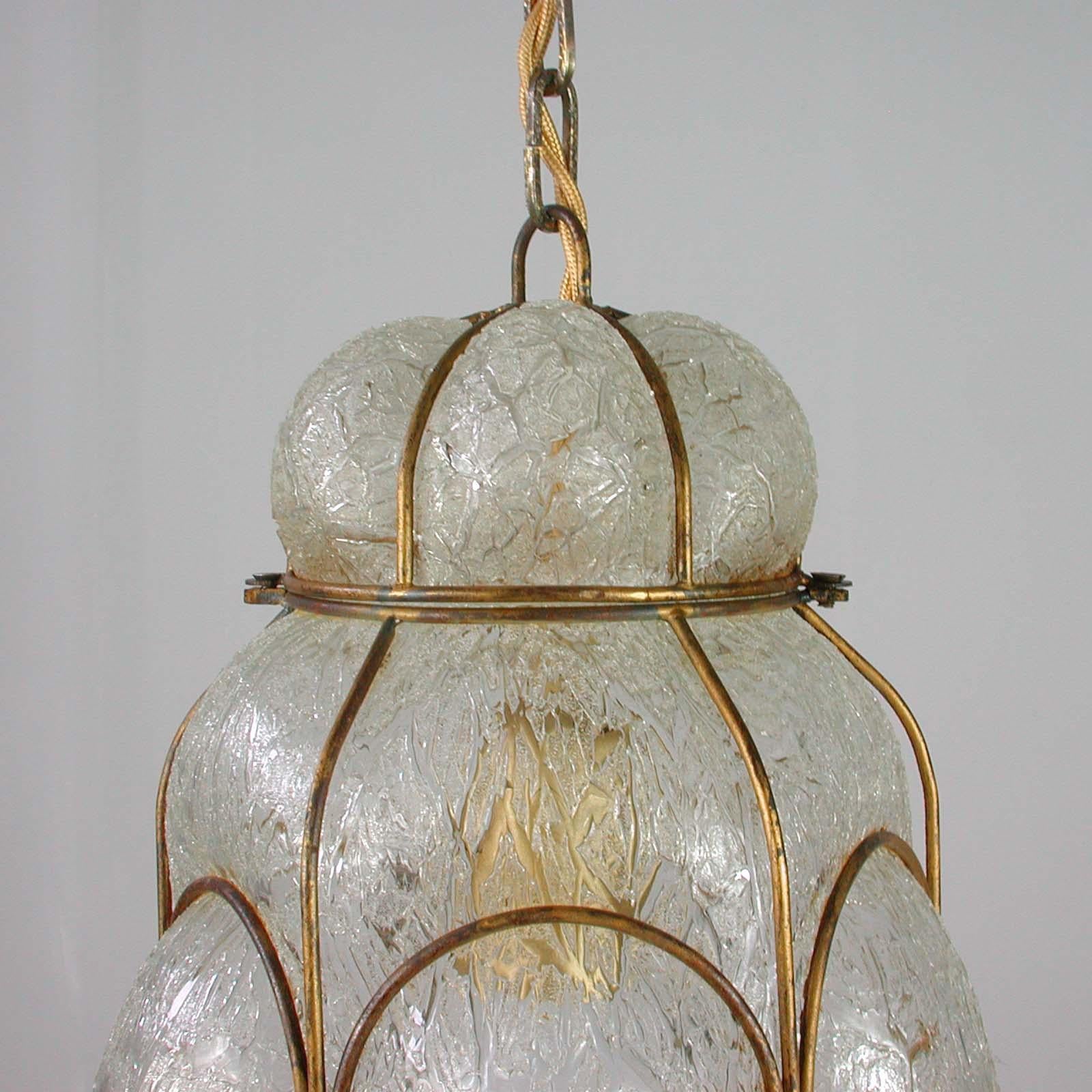 Mid-Century Modern Italian Midcentury Seguso Murano Ice Glass and Brass Lantern, 1950s